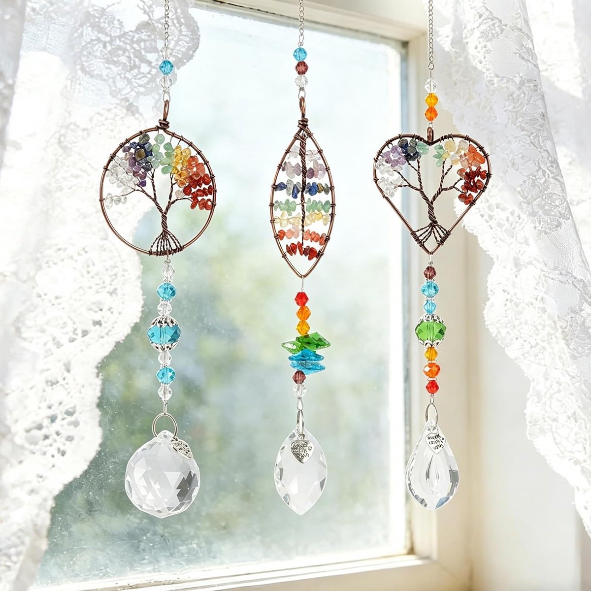 3 stuks zonnevanger-kristallen set, raamdecoratie, hangend met natuursteen en kristal, kleurrijke windgong hanger voor tuin, raam, woonkamer decoratie