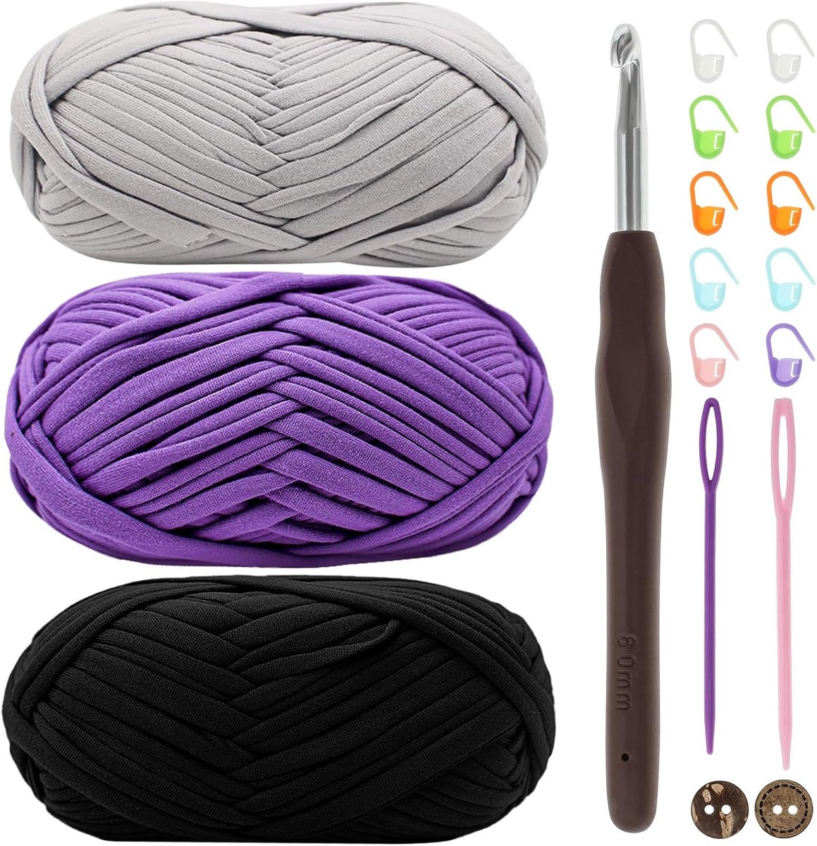 garen voor gehaakt T-shirtgaren voor haken haakgaren, dikke wol om te haken, 3 x 100 g, stuk garen met 6 mm haaknaald, haaknaald voor beginners, elastische stof, breien, zwart-grijs garen