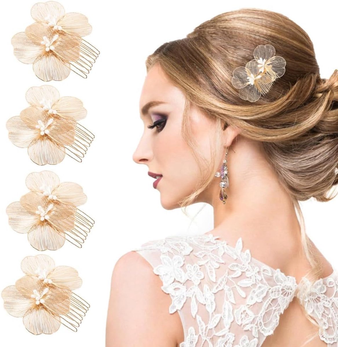 4 Stuks Bruids Haaraccessoires Bloemen Haarkam Haarspeld Haarsieraad Voor Dames Bruiloft Opsteekkapsel Bruid Bruidsmeisje Feest Kapsel Accessoires (Goud)