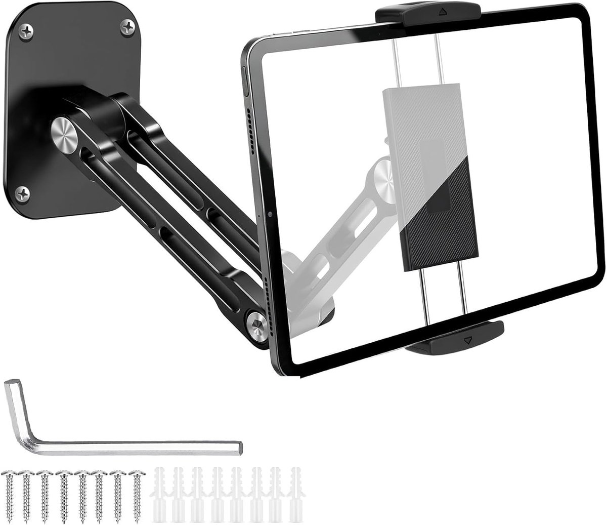 Tablet wandhouder, 360° rotatie verstelbare iPad-wandhouder met aluminium uitschuifbare arm, compatibel met alle 4,7-13 inch telefoons en tablets