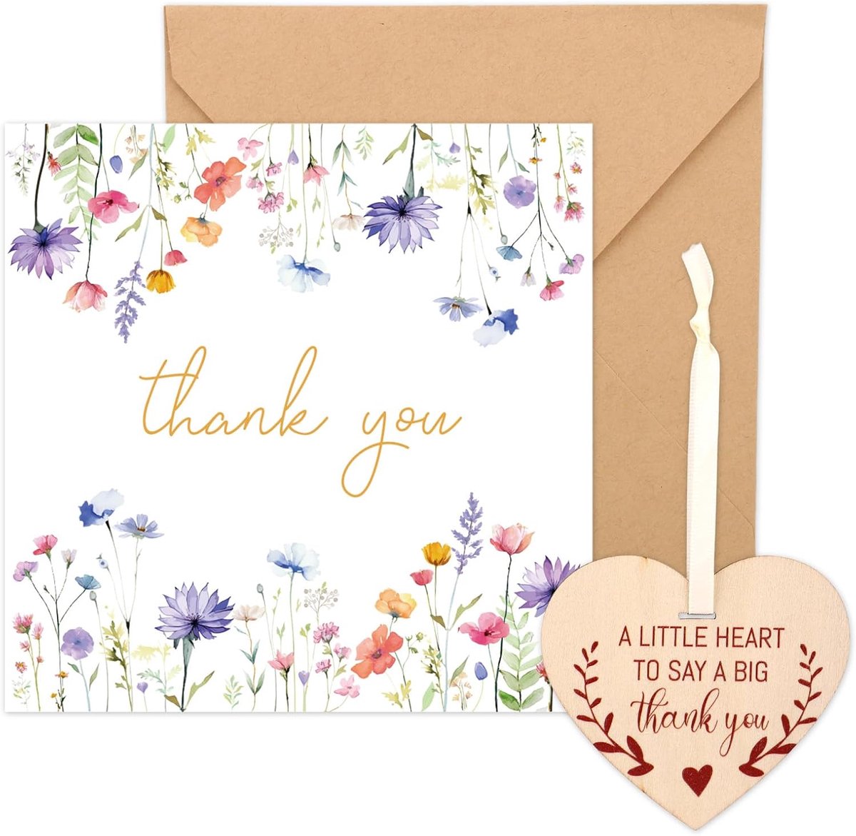 Bedankkaartje met Houten Hartvormig Plaatje, Bloemenmotief Bedankbriefjes en Envelop voor Vrouwen Leerkrachten Verpleegkundigen Bruiloft Vrijgezellenfeest Afstudeercadeau
