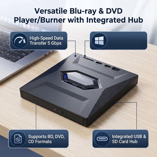 Externe Schijf - Optische Drive - Films en Data - Hub Poorten - 5 Gbps Snelheid - Zwart — afbeelding 2