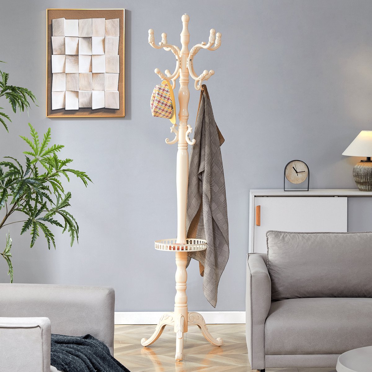 Staande Kapstok Van Hout - Elegante Houten Kapstok Met Meerdere Haken - Vrijstaande Garderobe Voor Hal En Slaapkamer - Klassiek Europees Design - Witte Kapstok Met Stevige Voet