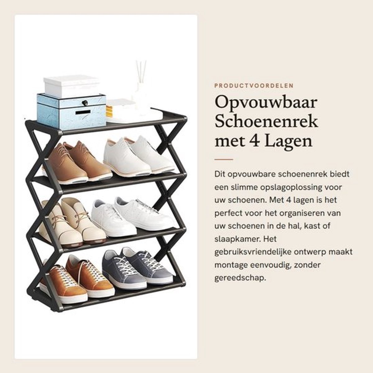 Schoenenrek Opvouwbaar - 4 Lagen - Ruimtebesparend - Organisator voor Entree - Gebruiksvriendelijk Ontwerp - Eenvoudige Montage - Schoenenopberger