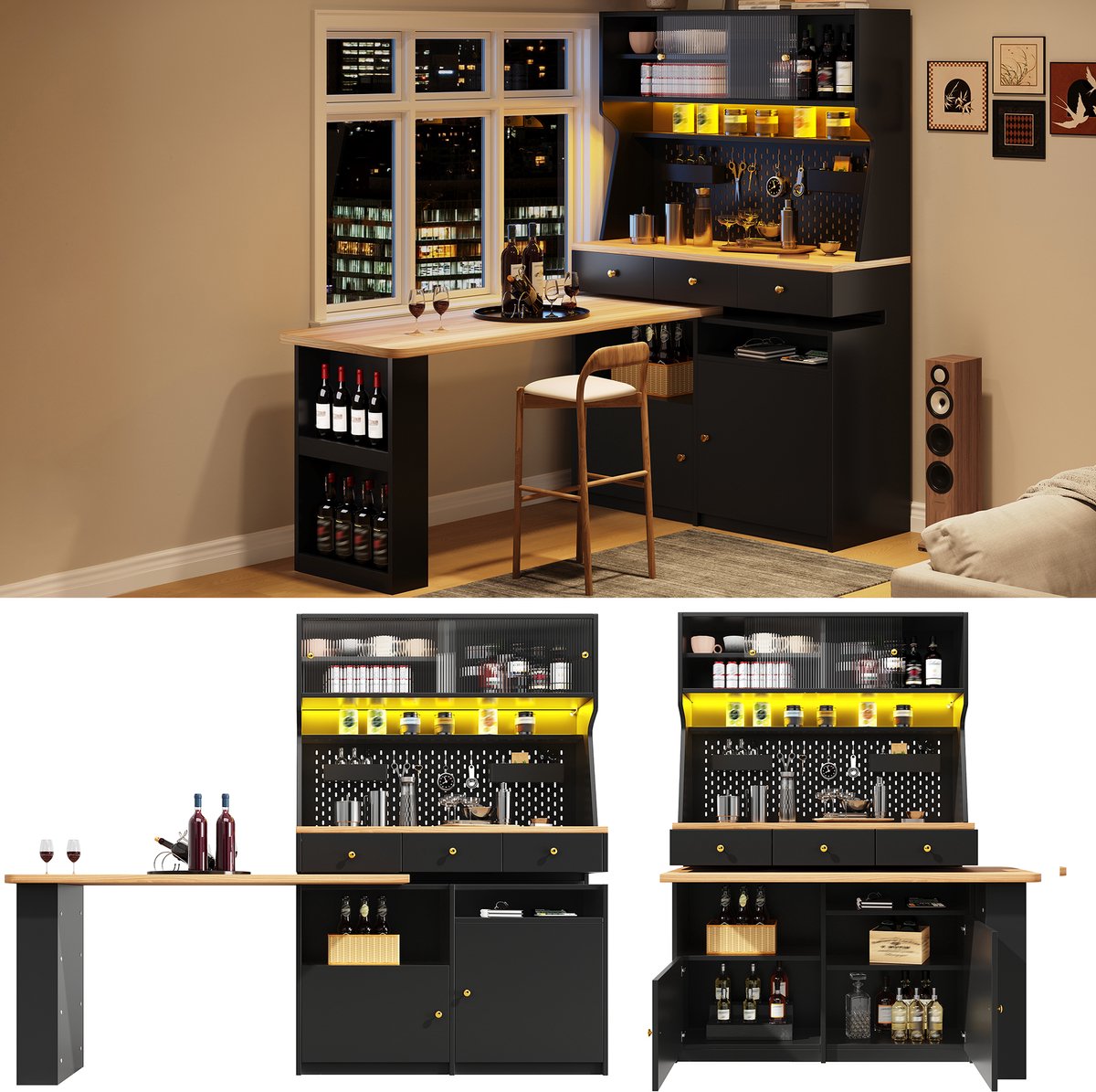 Hochschrank met Schreibtisch Bartisch, LED Beleuchtung, App Steuerung - Multifunctioneel - MDF Glas - Black