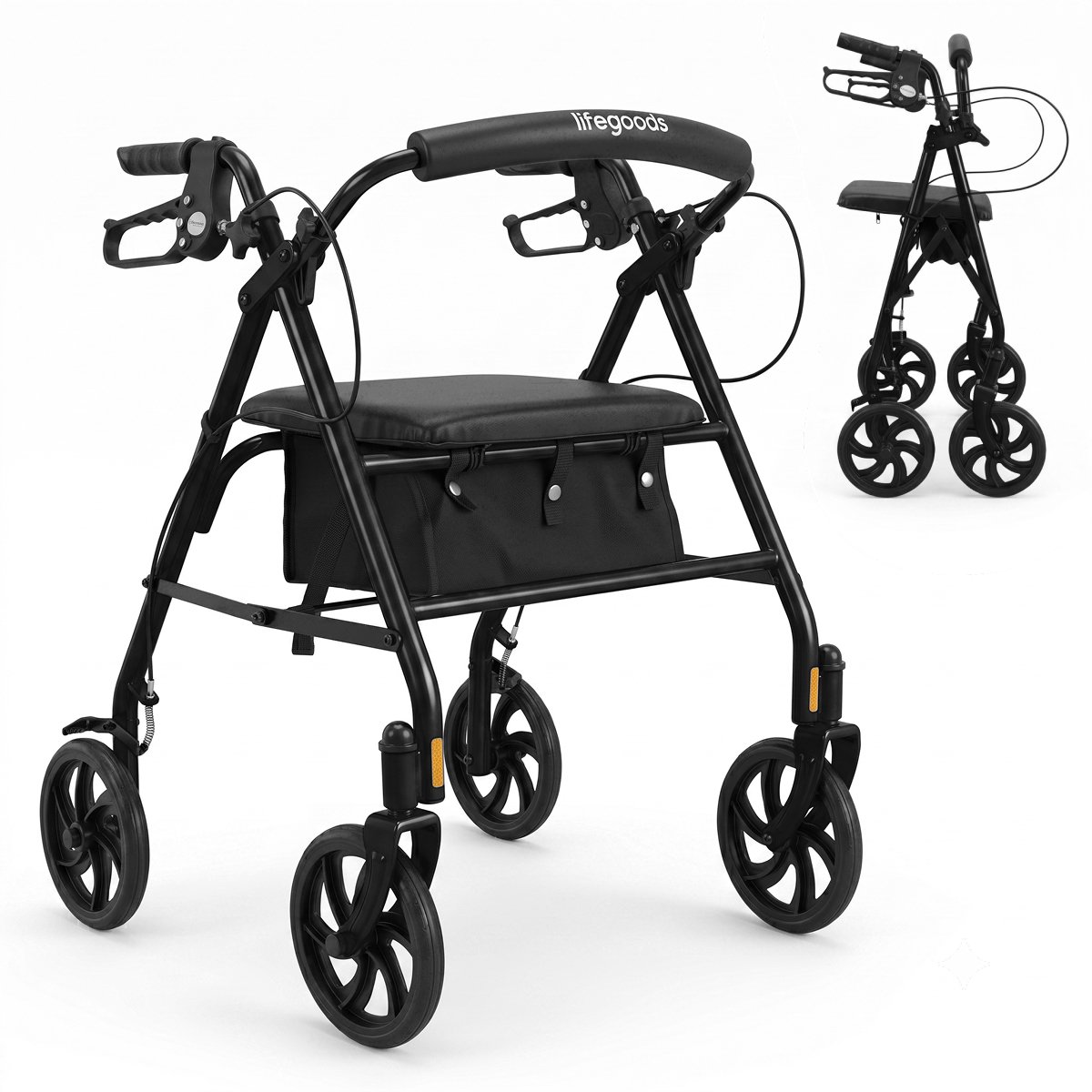 LifeGoods Basic Rollator Lichtgewicht en Opvouwbaar (8,7KG) - Met Zitje en Rugsteun – Voor Binnen en Buiten – Verstelbare Hoogte - Tot 136KG Draagkracht – Zwart