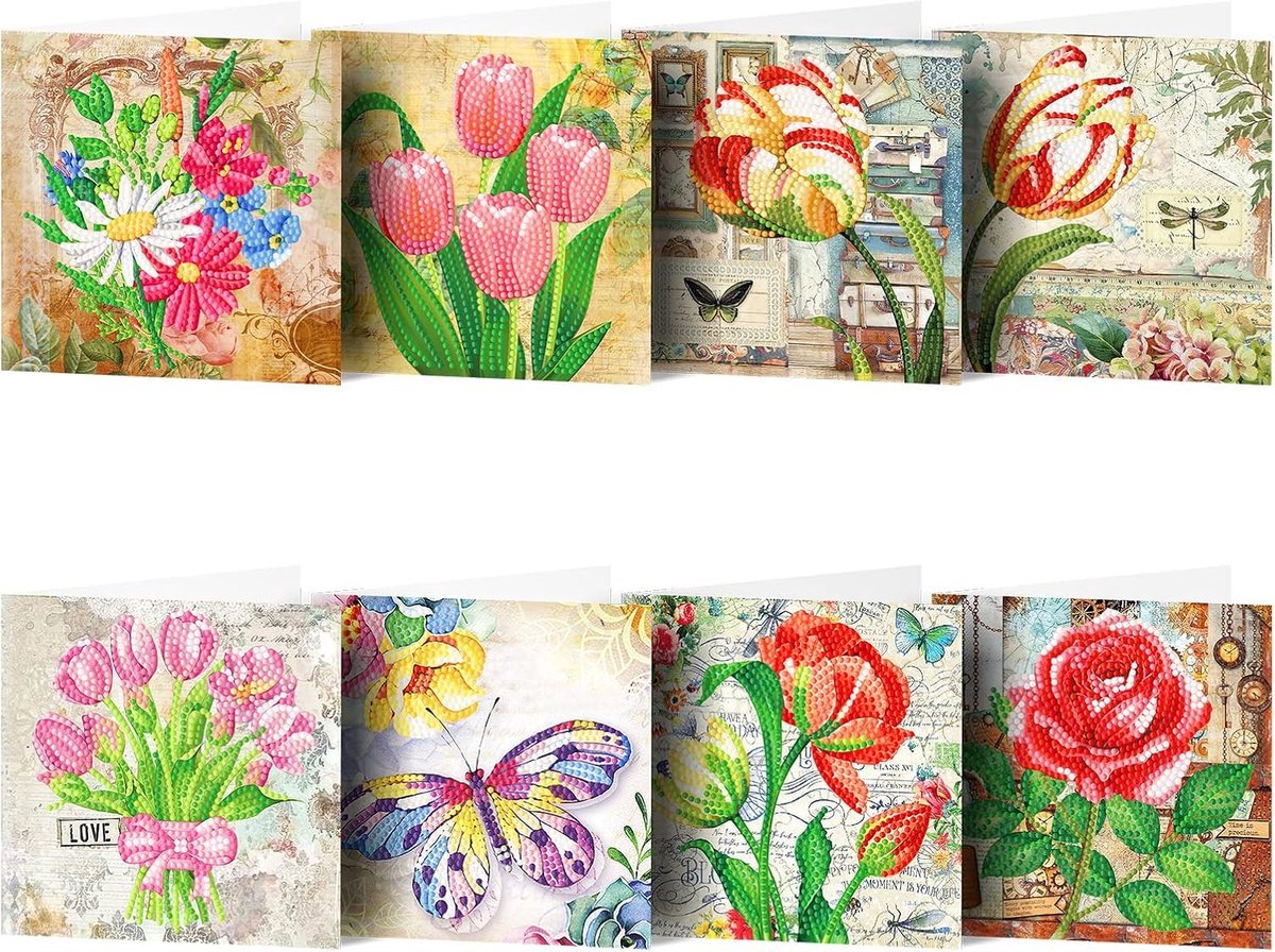 Casalora Diamond Painting kaarten - 8 Diamond Painting Wenskaarten - Bloemencollectie - DIY Kaarten, Speciale Diamanten, Enveloppen en Accessoires - D