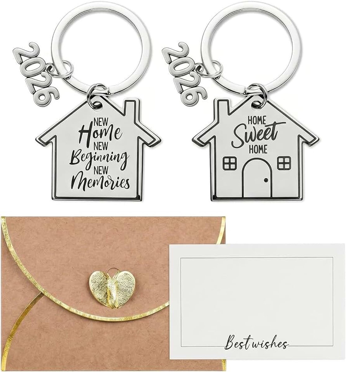 2 sleutelhangers voor het nieuwe huis 2026, cadeaus voor koppels, sleutelhanger met boodschap Home Sweet Home en New Home, inclusief gouden envelop en kaart, roestvrij staal voor eigenaren