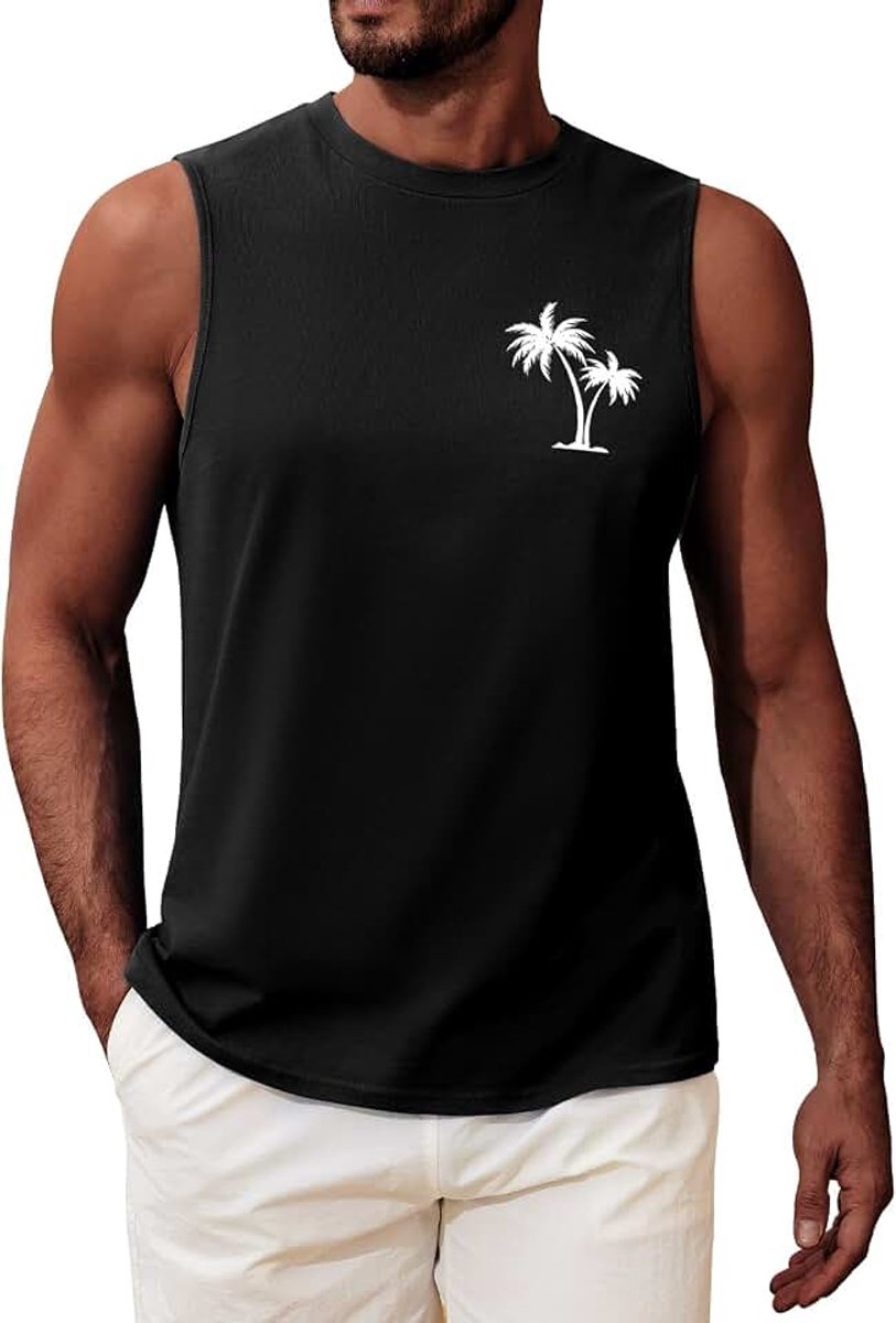 Tanktops Heren Mouwloos T-shirt Ronde Hals Tank Top Katoenen Sportvesten Bodybuilding met Palmen voor Fitness Gym Strand Zomer