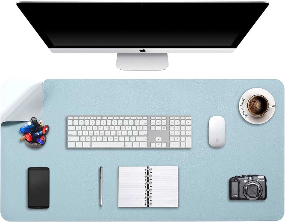 Bureaulegger, Bureau Pad, Bureau Blotter, Schrijven Pad, Muis en Toetsenbord Pad, Uitgebreide Muis Mat, Muis Onderlegger XL, Dual-Side Gebruik PU Leer 90 x 43cm (Lichtblauw/Zilver)