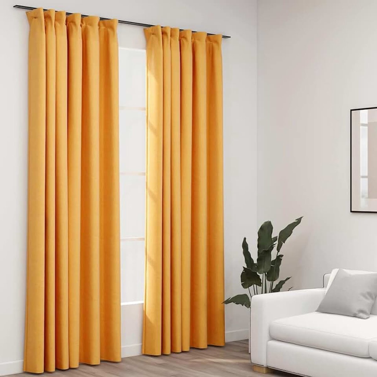 2 x verduisteringsgordijn met haken, verduisteringsgordijn, plooiband, thermo-gordijn, ondoorzichtig, gordijnen, linnenlook, geel, 140 x 245 cm