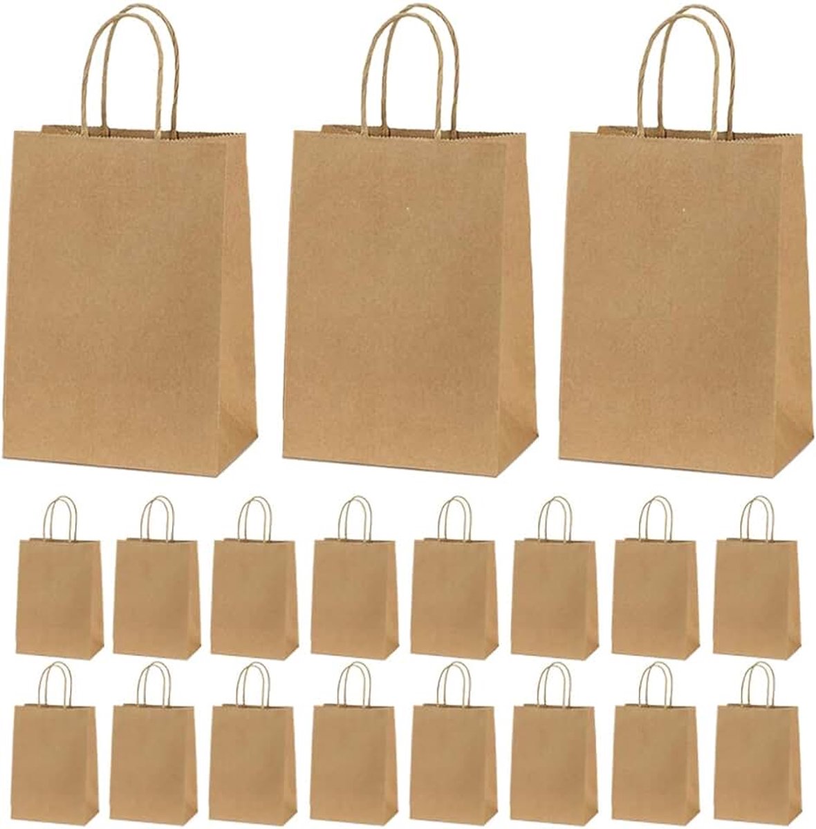 40 stuks papieren zakken met handvat, 21 x 15 x 8 cm, kleine bruine tas, cadeautasverpakking