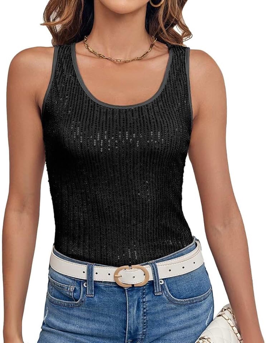 Bela Pailletten top dames mouwloos glitter bovendeel U-hals sexy tanktop voor feestjes