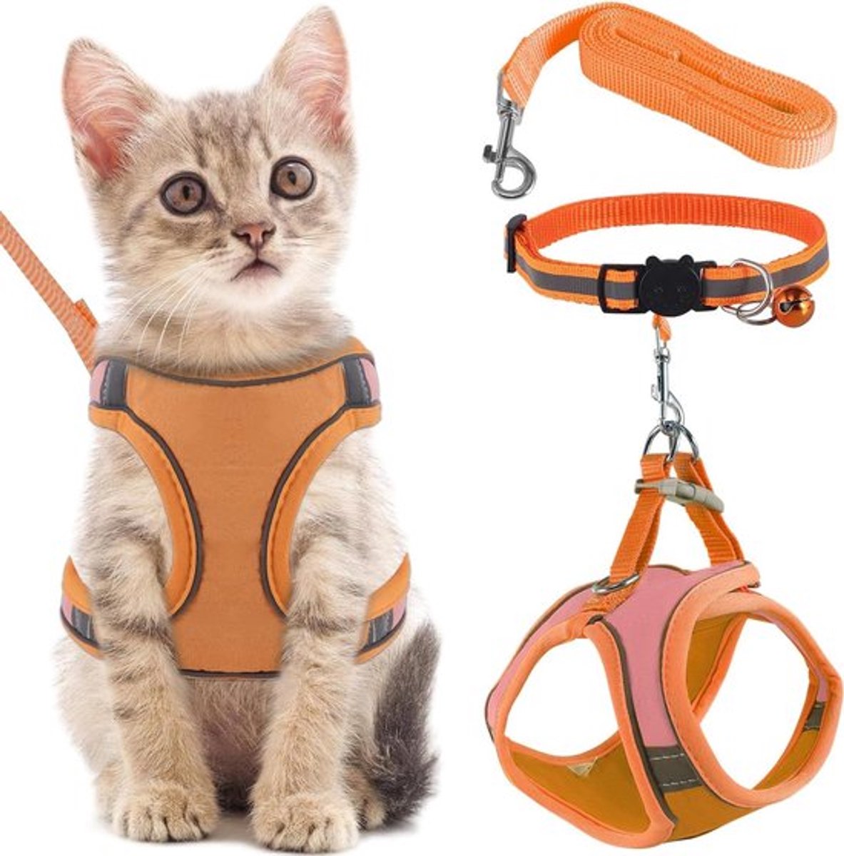 Anti-ontsnapping verstelbaar kattenriem met tuigje voor katten - oranje reflecterende strepen - maat M Kattentuigje