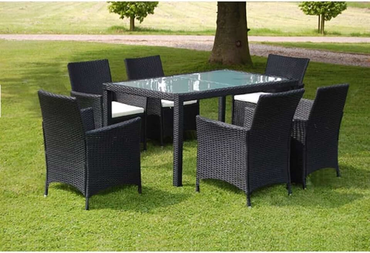 Tafelset en 6 stoelen en 6 zitkussens, tuinset met stoelen, tuin, eetkamer, set van 13 delen, voor tuin, terras, patio, van synthetisch rotan en aluminium, zwart