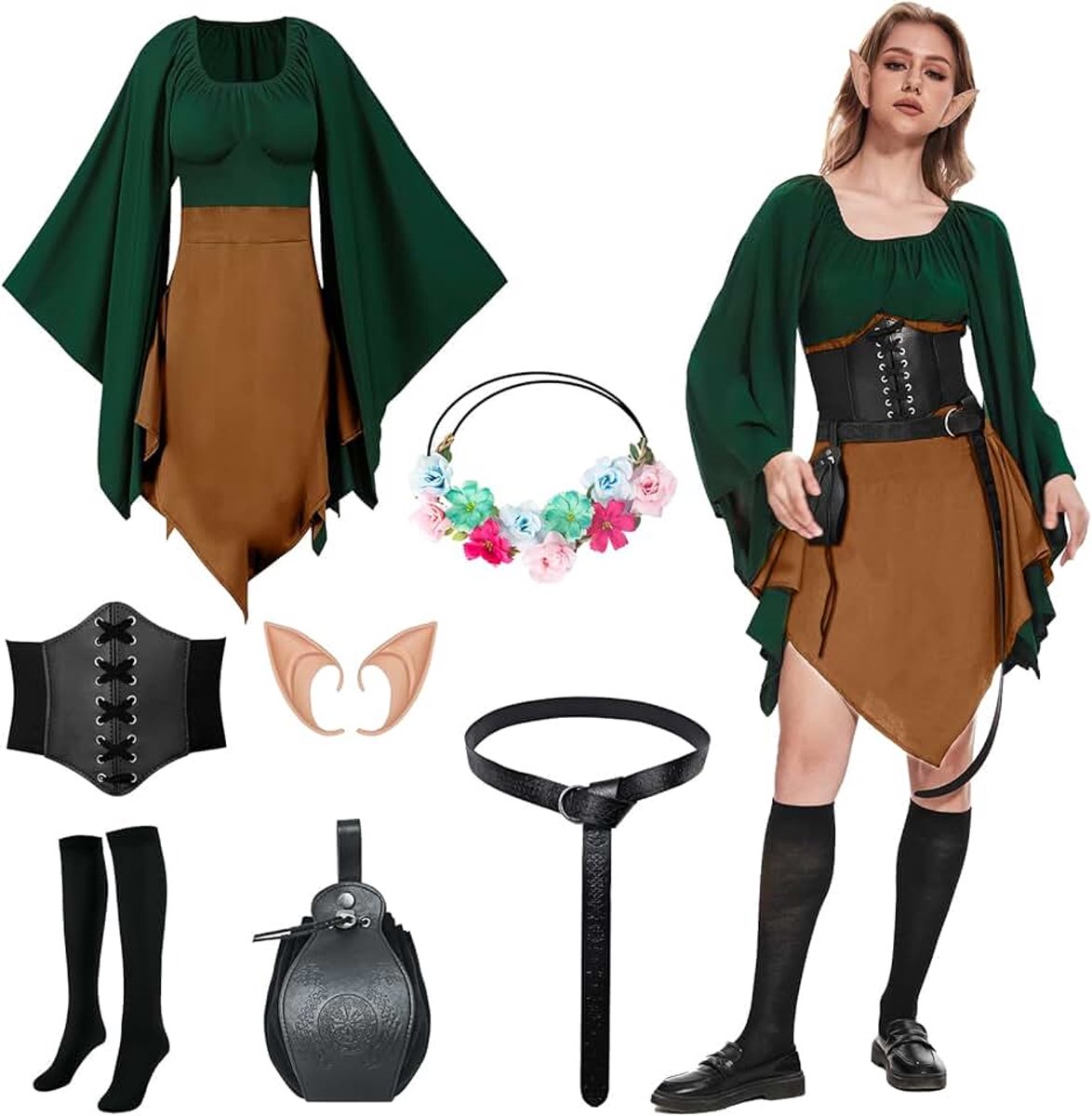 Kleding voor dames, Ierse jurk, jurk, renaissance, elfen, cosplay kostuum, set 8 stuks met elfenoren, elfenhoofdringen, riem, vintage zakken, rokclips, overknee-sokken en leren