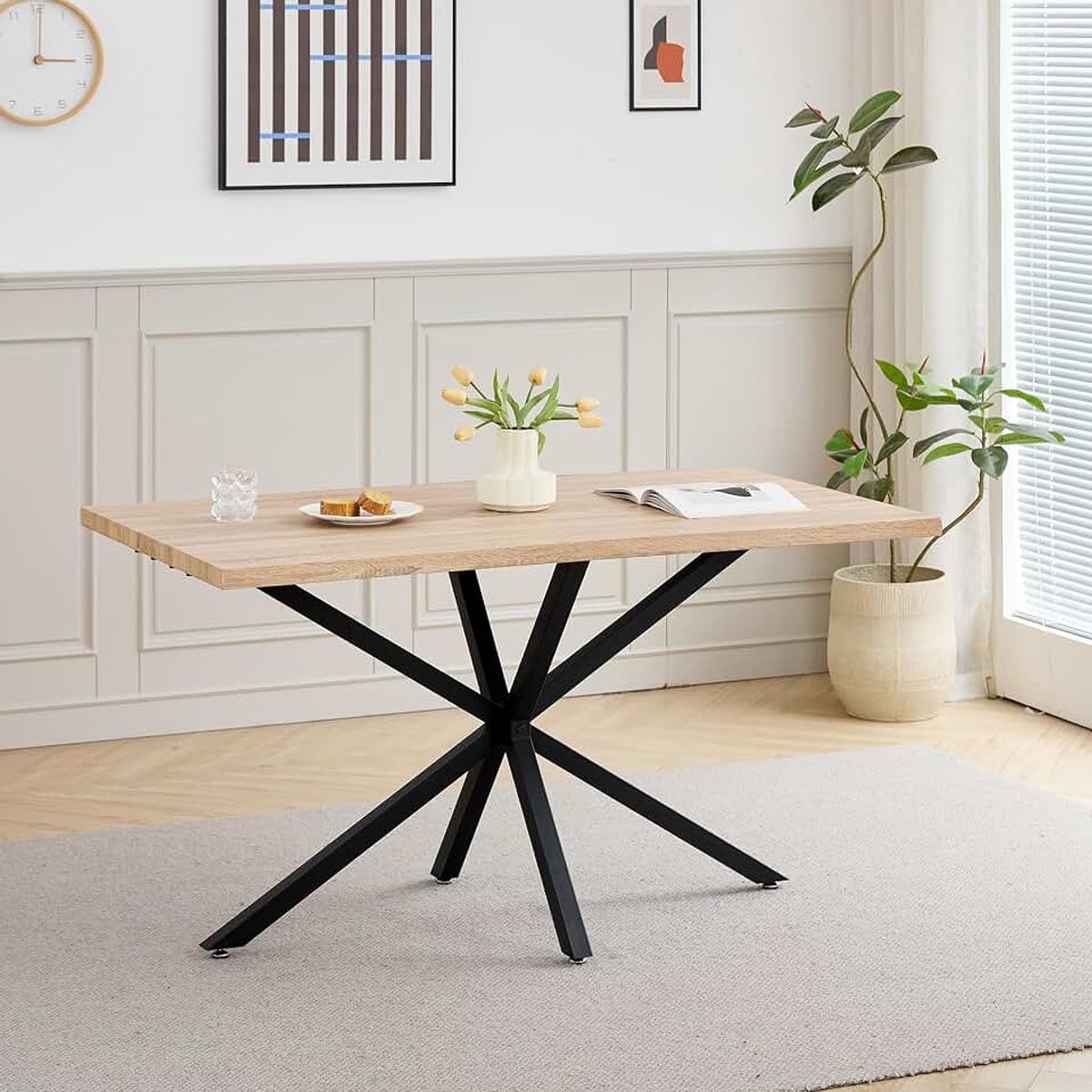 Eetkamertafel; Moderne keukentafel met metalen X-vormige frame, voor eetkamer, woonkamer, kantoor, restaurant, enz. L140 x B80 x H75 cm (natuurlijk)