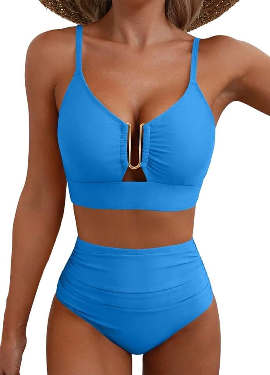 Badpak voor dames, 2-delig, hoge taille, bikiniset, push-up, gekruiste rug, sexy, tweedelige badpakken, platte buik, geplooid, zwemkleding, 2-delig, U-hals, metaal, elegant, strand