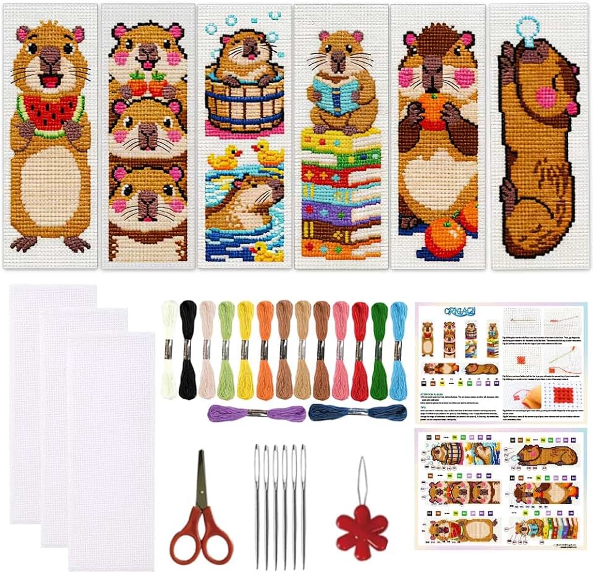 6 Set Capybara Kruissteek Bladwijzer Kit 7x8.5 Inch Gestempeld Borduurwerk Bladwijzer Set DIY Kruissteek Bladwijzers voor Volwassenen met Instructies Backing Vilt Naald Threader Schaar
