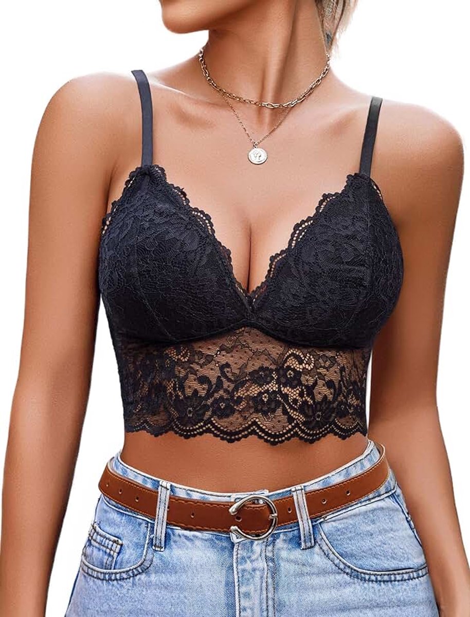 Kanten bustier camisole sexy crop top V-hals bralette onderhemd beha spaghettibandjes tank basic buikvrij bovenstuk festival go-outfit