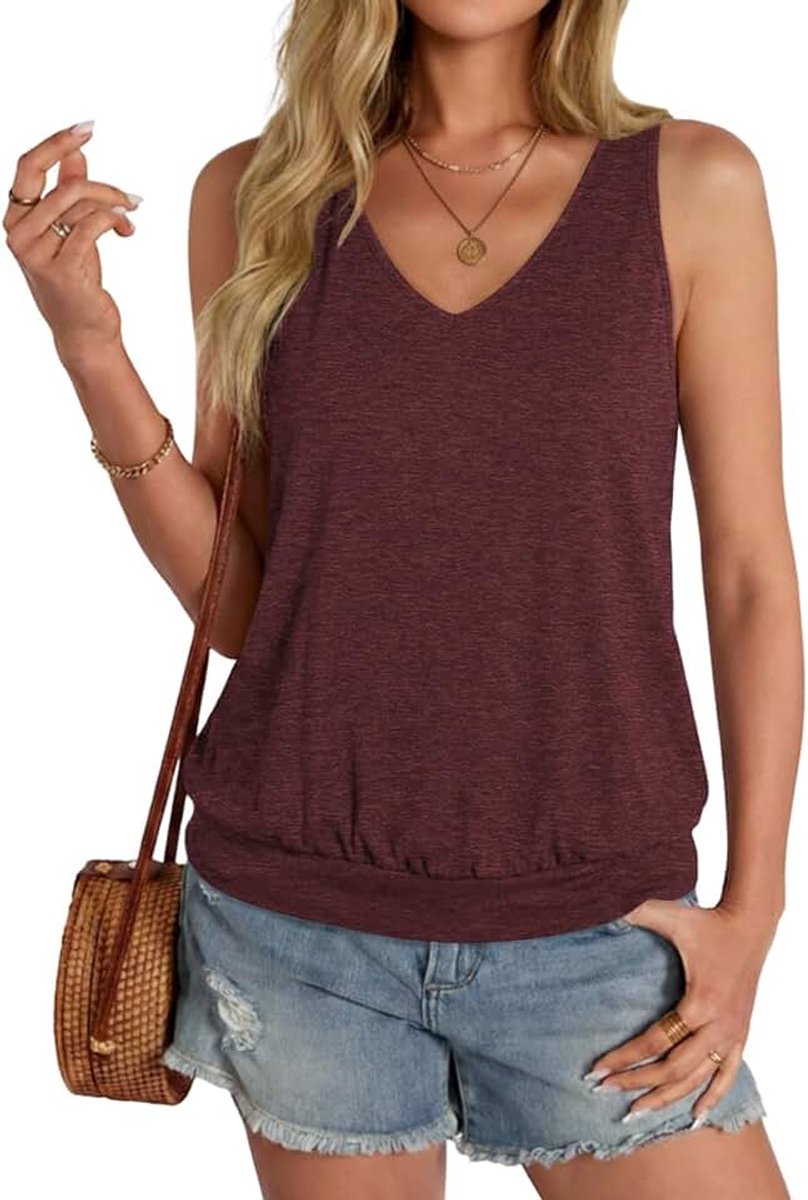 Top voor dames, zomer, mouwloos, tanktop, V-hals, stretch, losse basic tops