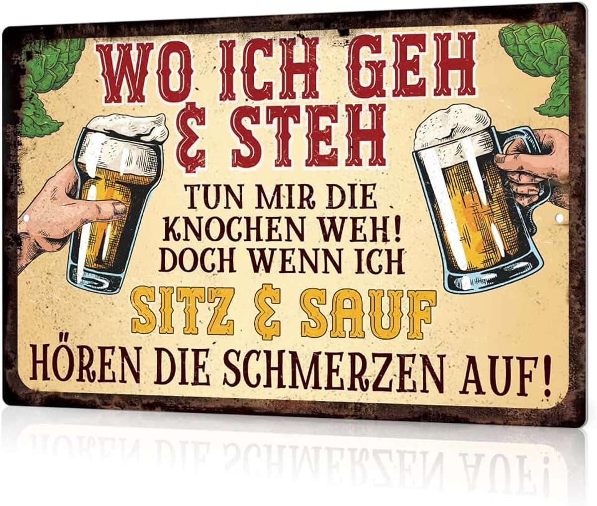 Decor Grappige Bier Wanddecoratie - Waar ik ga en sta - Vintage Metalen Schild voor Bar, Keuken, Feestzaal (zit & drink)