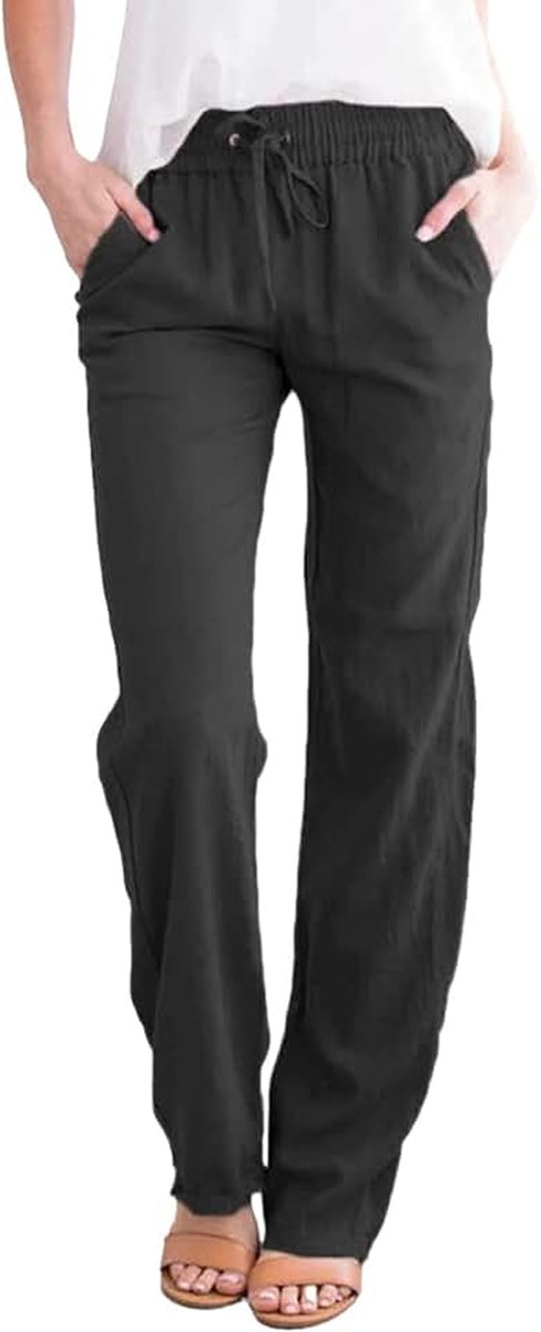 Damesbroek, casual katoenen linnen broek, zomerbroek met trekkoord en elastische taille met zakken, lichtgewicht, comfortabele, rechte broek