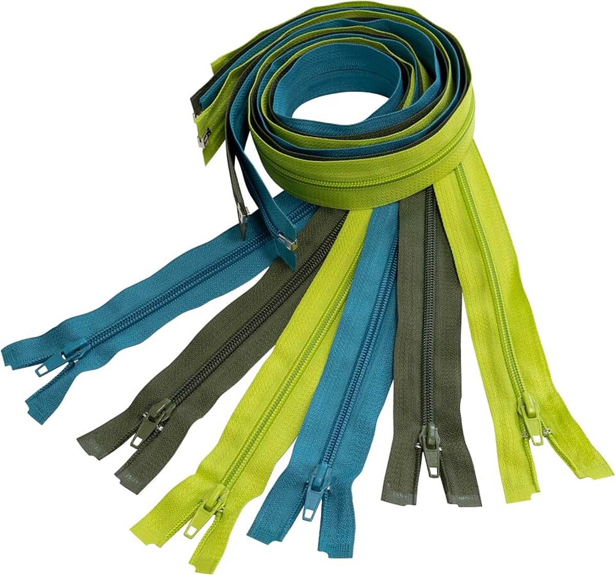 - Set van 6 spiraalritsen N°5 70 cm deelbaar met schuiver - van metaal nylon polyester - nuance groen - naaiwerk DIY textiel kleding
