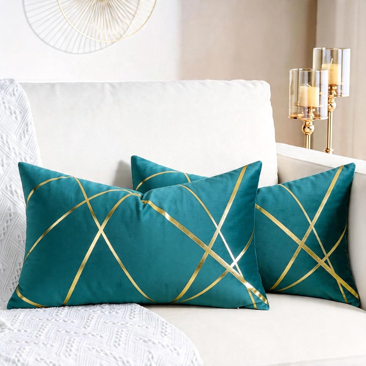 Kussenslopen set van 2 - 30 x 50 cm - fluweel blauw-groen - geometrisch voor stijlvolle decoratie - SnelShoppen