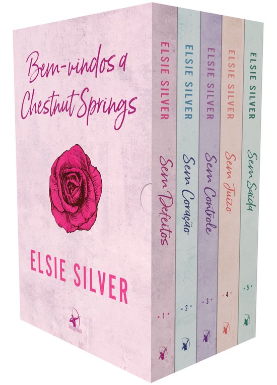 Coffret de cinq livres d'Elsie Silver, 'Bem-vindos a Chestnut Springs', avec une rose rose et du texte.