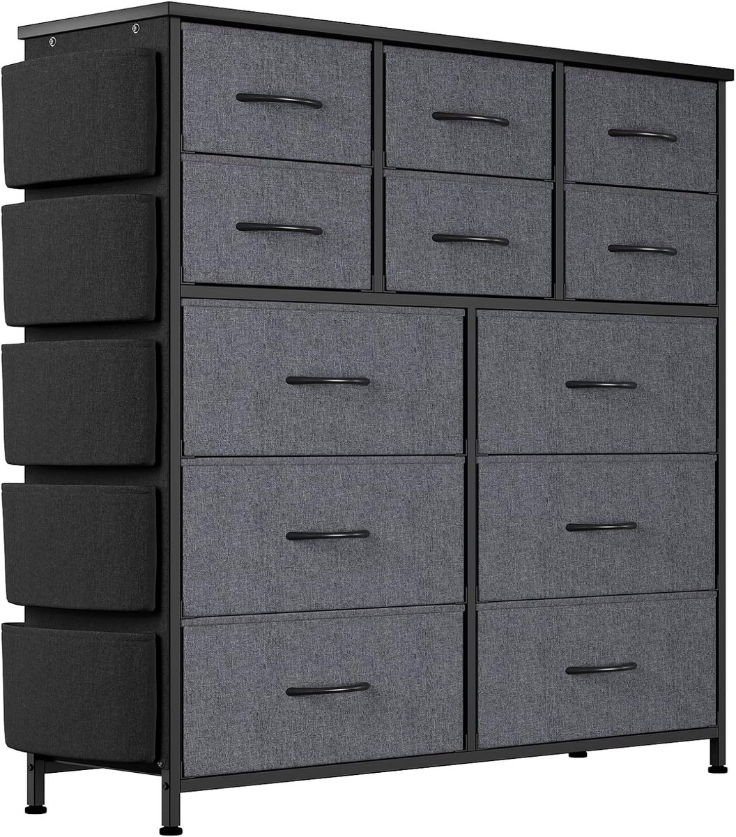 Triumpunpre - Ladekast - Met 12 Lades - Voor Slaapkamer Hal Entree Woonkamer - Stoffen opbergorganizer met stevig metalen frame - Donkergrijs