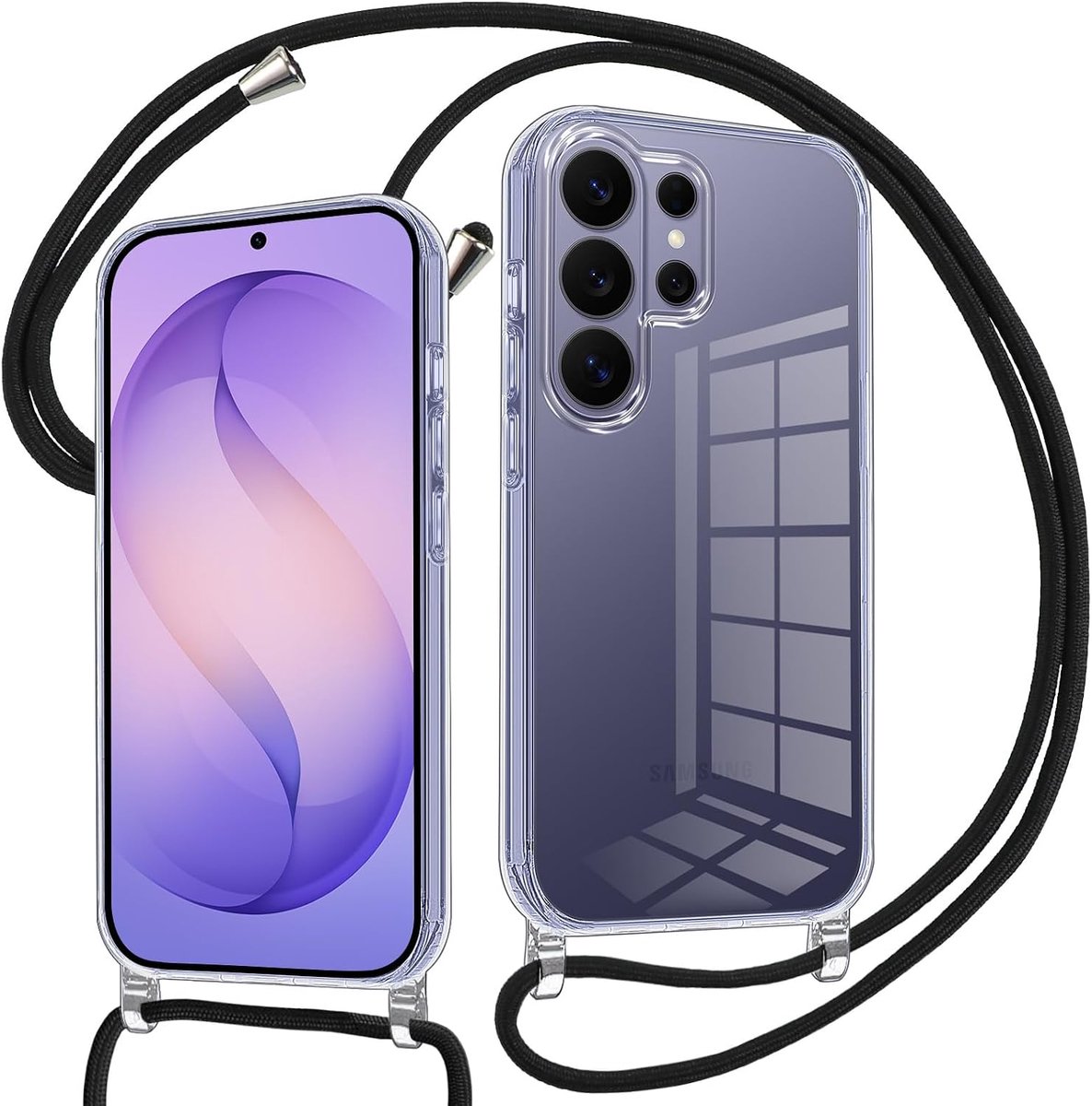 Beschermhoes voor Samsung Galaxy S26 Ultra met halsketting, Hard Acryl, Transparant, Silicone Bumper Beschermhoes, Lanyard met verstelbare riem, Zwart 01