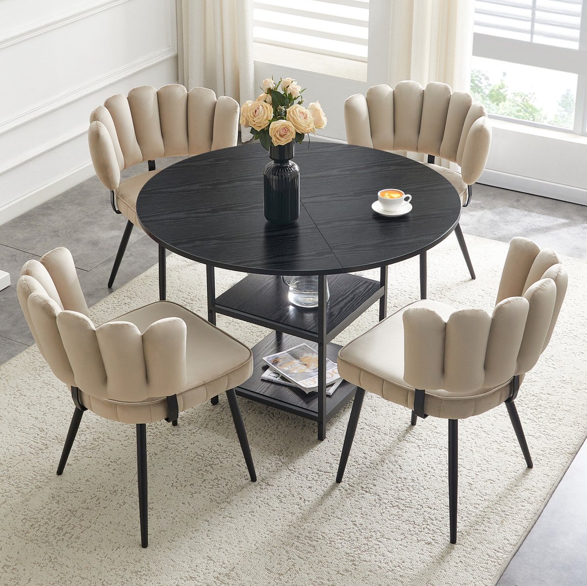 MODFU Eettafelset - Rond - Industrieel - 4 Stoelen - Zwart - Licht Koffie - 107 Cm