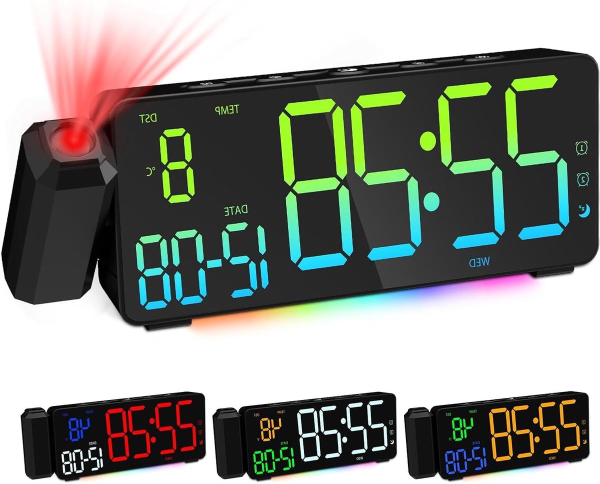 Wekker Projector - Digitale Alarmklok - Wakker Worden - Dubbele Alarmen - 22 cm Breed - Zwart