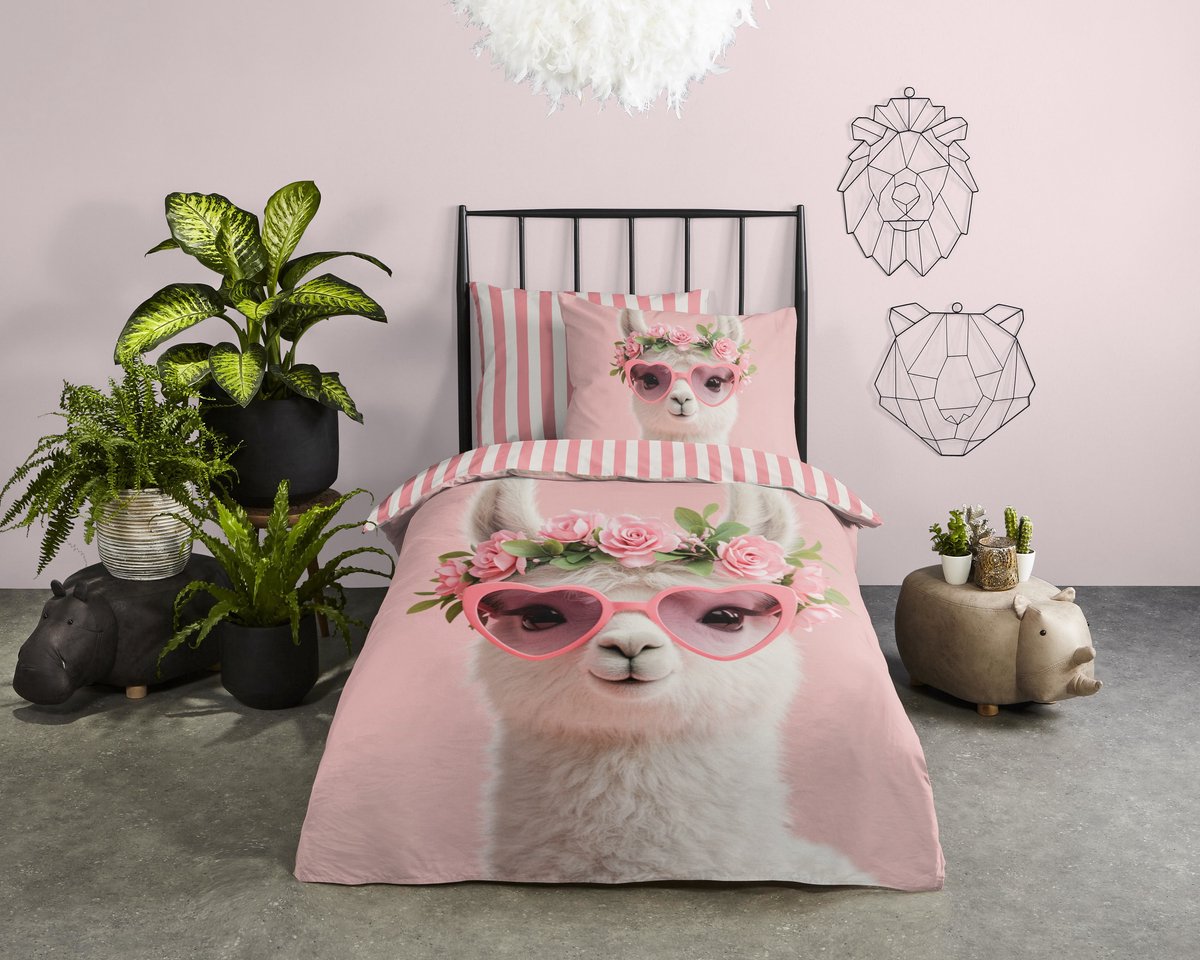 Pure dekbedovertrek lama met roze bril - 1 persoons 140x200/220 cm - Roze - Microvezel