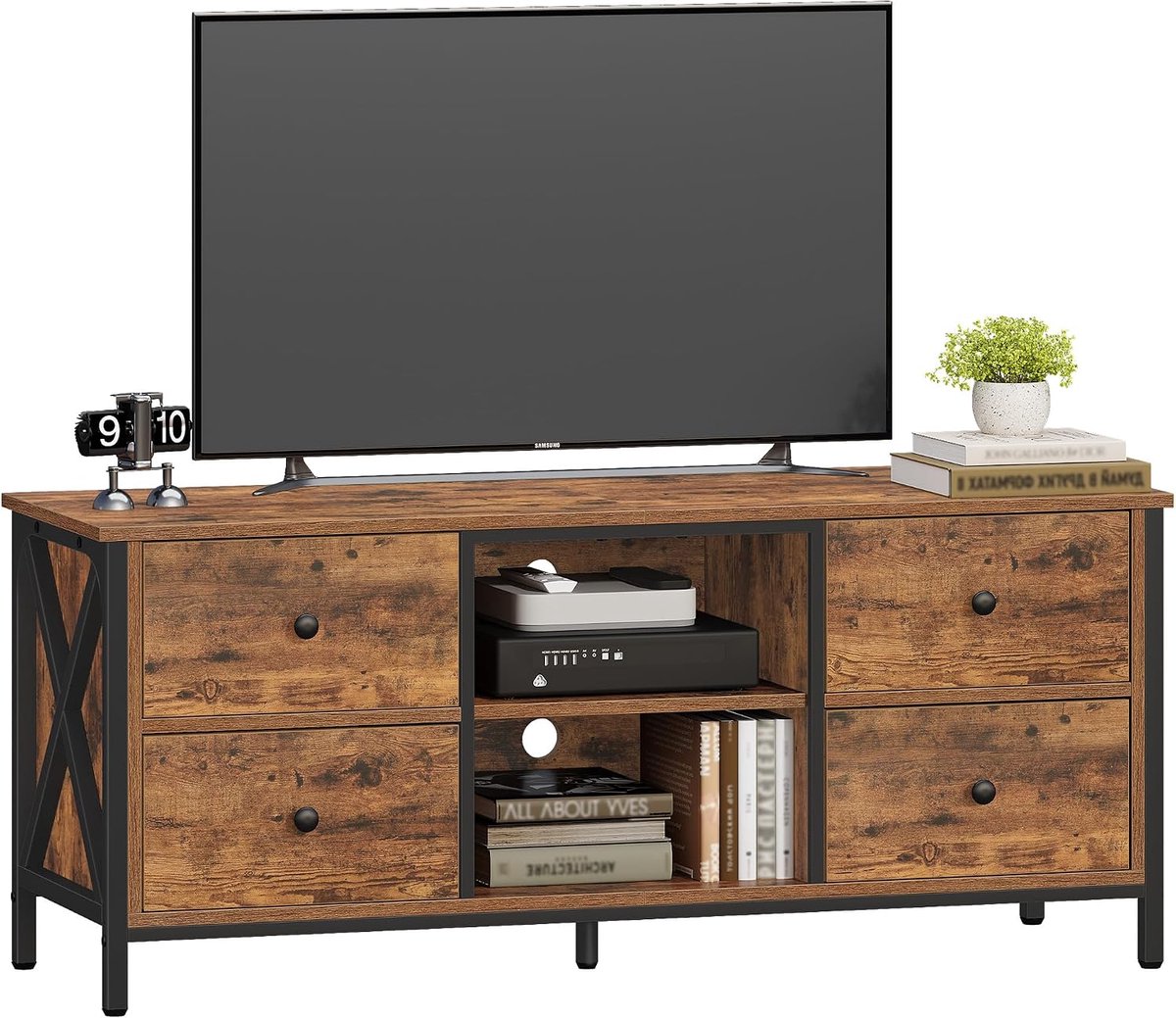 Hzuaneri TV-meubel met 4 lades TV-tafel voor tv's tot 120 cm, met 2 open tv-meubels, 40 x 120 x 50 cm, voor woonkamer, slaapkamer, eetkamer, rustiek bruin