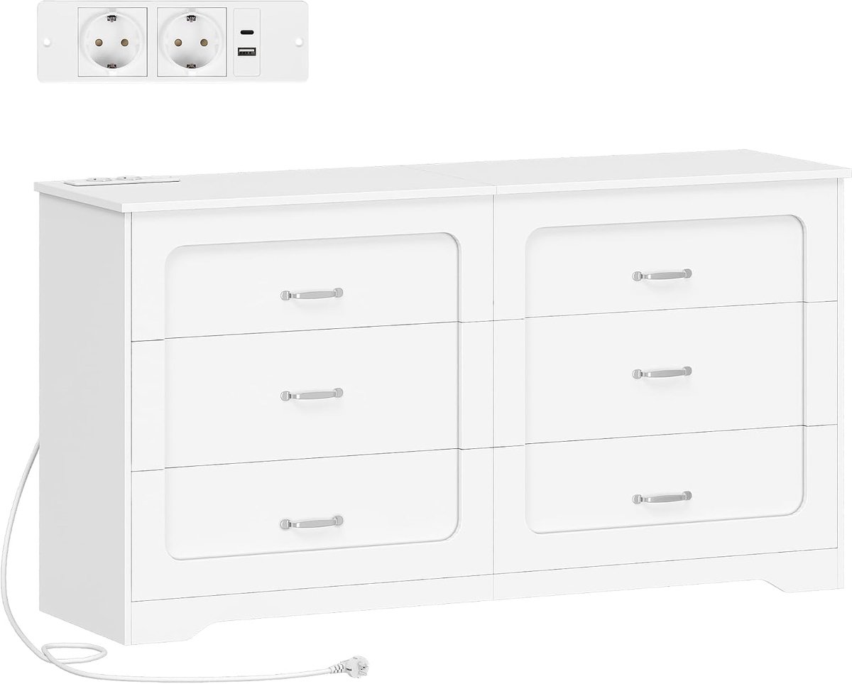 Hzuaneri Commode met 6 Laden & Oplaadstation, Wit, 40x140x75cm, Opbergkast met Twee Vakken, Moderne Opbergkast voor Slaapkamer, Woonkamer, Kledingkast