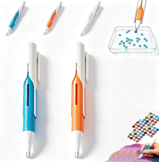 Twee diamantschilderpennen, één blauw met wit, één oranje met wit, met een penbakje en kralen.