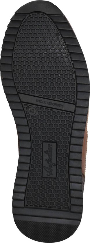 Zool van bruine herensneaker met 'Shock Absorber' en 'Australian' logo.