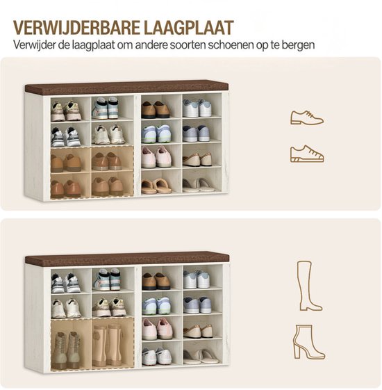 Verstelbare legplaten in schoenenkast, geschikt voor schoenen en laarzen.