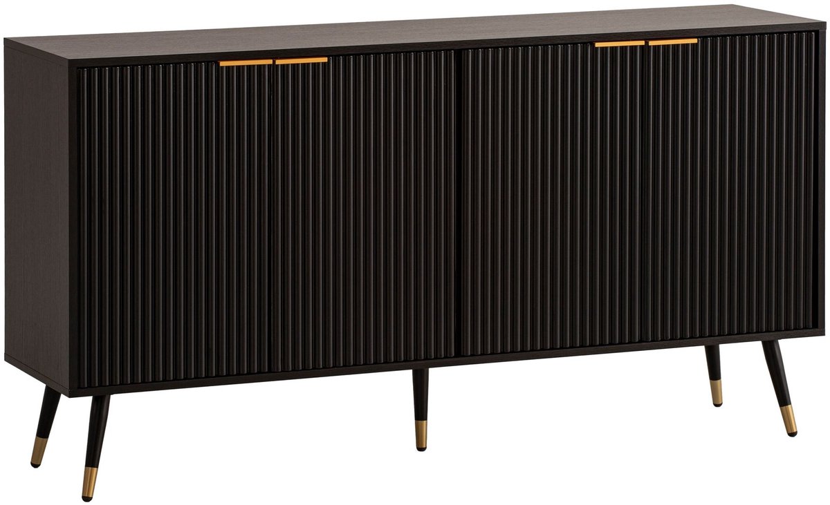 Dressoir 150x81x39 cm Dressoir Zwart met Eiken Decor, Ladekast met Deuren, Ladekast Halkast Modern, Staande Kast Woonkamer Metalen Poten