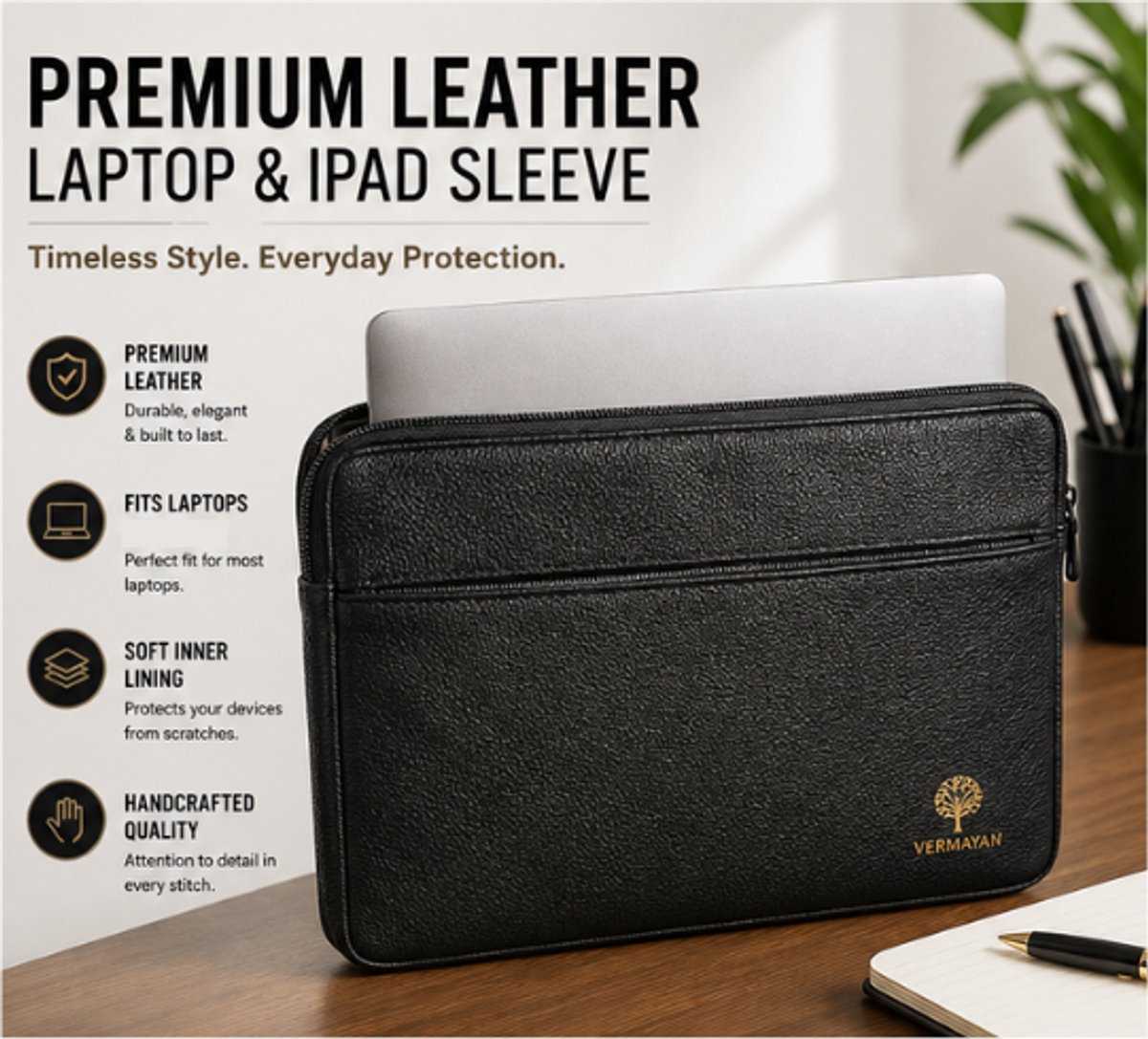 Vedantan Leather Laptop Sleeve met rits - Laptop Hoes geschikt voor 13 / 13.3 / 13.6 / 14 / 14.2 inch - Zwart
