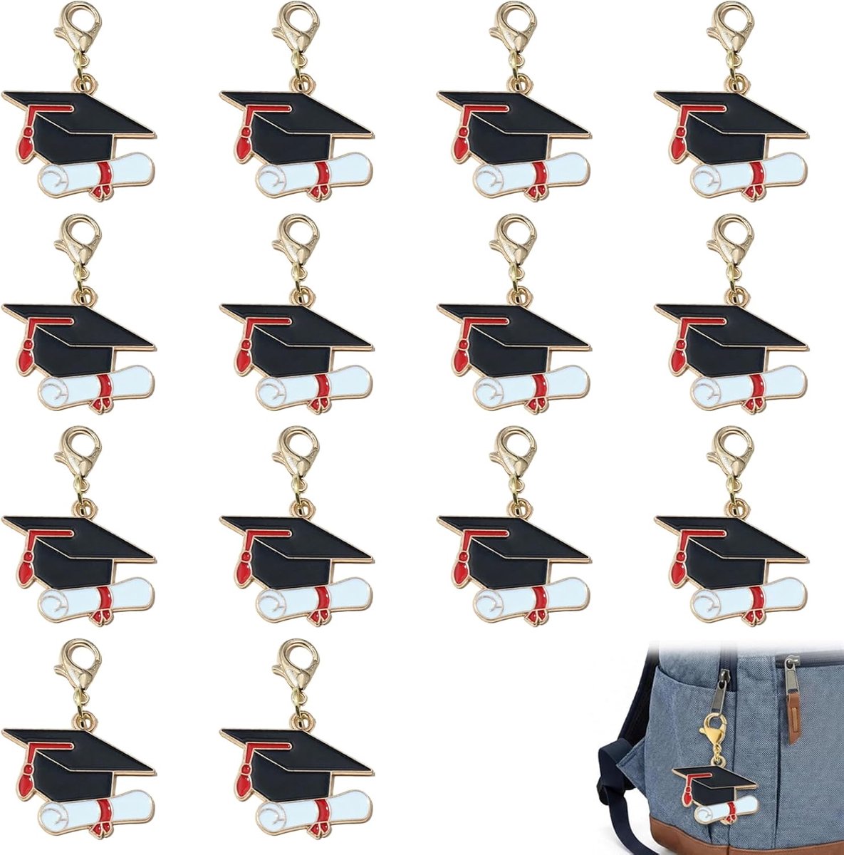 14 Graduation Cap Bedels met Karabijnsluiting, Zinklegering en Emaille Charms van 3,4 x 3,6 cm voor Sleutelhangers, Armbanden, Kettingen en Cadeauzakjes voor Afstuderen