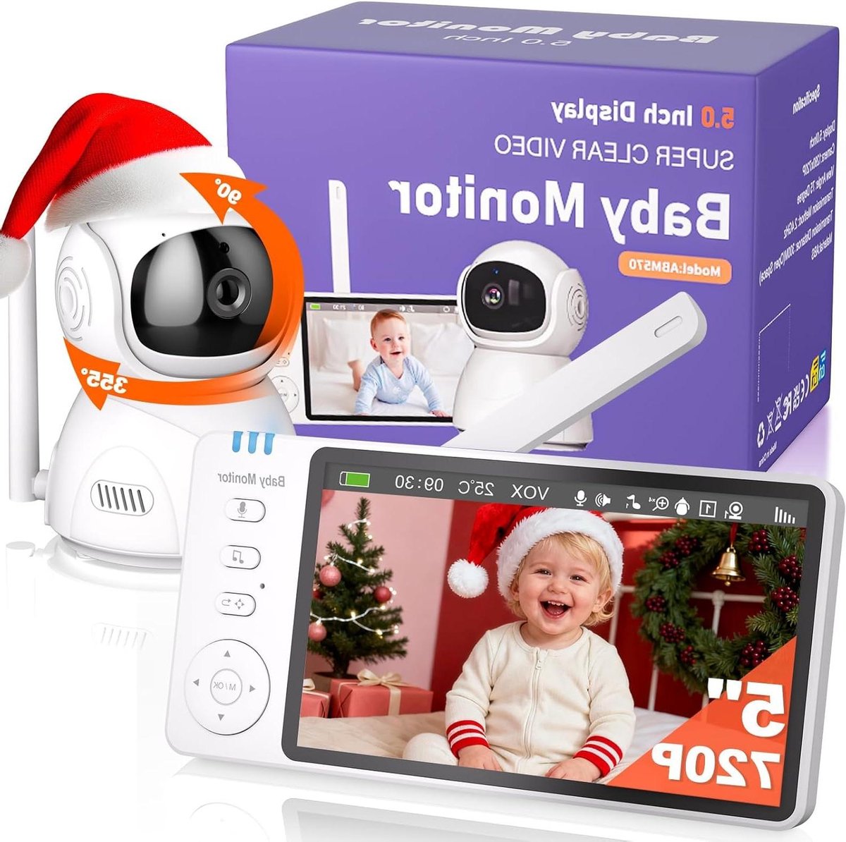 Babyfoon met Camera - Videomonitor - Baby Bewaken - Veilige 2.4GHz FHSS - 5 inch HD Scherm - Helder Wit