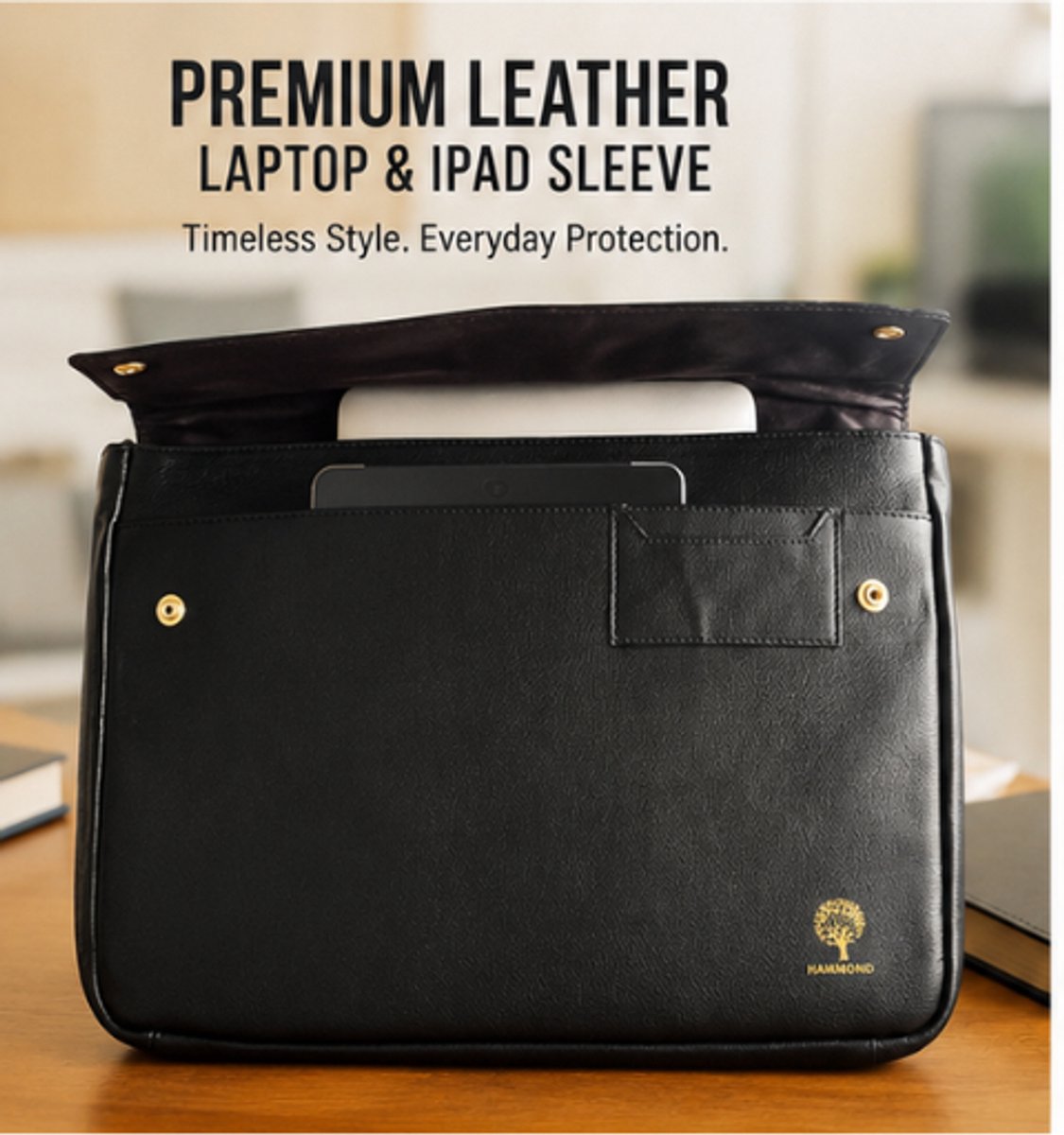 Vedantan Flap Style Leather Laptop Sleeve - Laptop Hoes geschikt voor 13 / 13.3 / 13.6 / 14 / 14.2 inch - Zwart