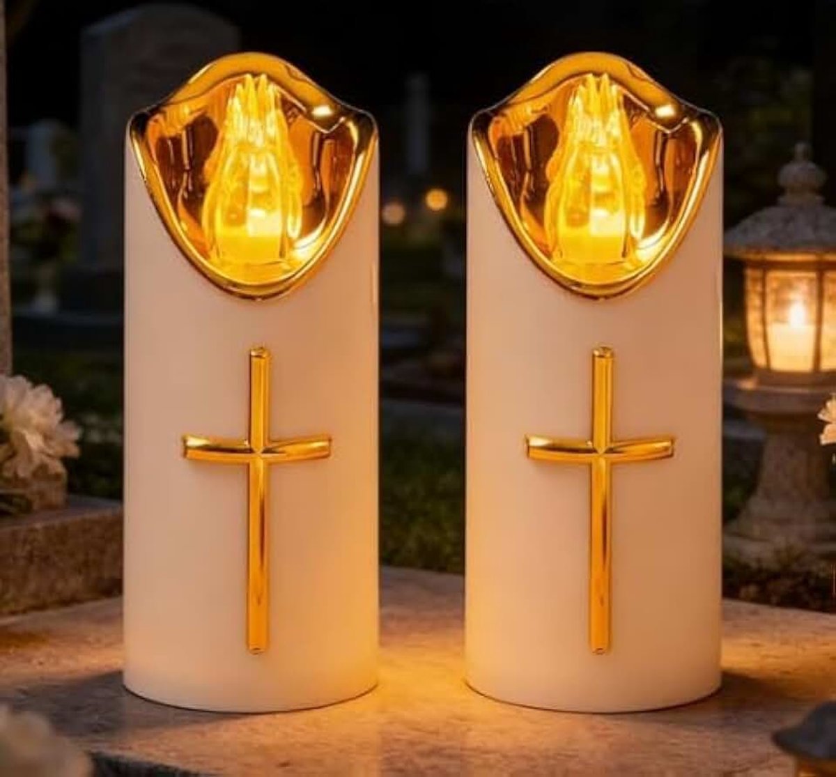 Led-graflichten voor buiten, 2 led-grafkaarsen, rouwlicht, op batterijen, herbruikbare begraafkaars, herdenkingskaars, grafkaarsen met flikkeringseffect, zoals bij een echte kaars, wit