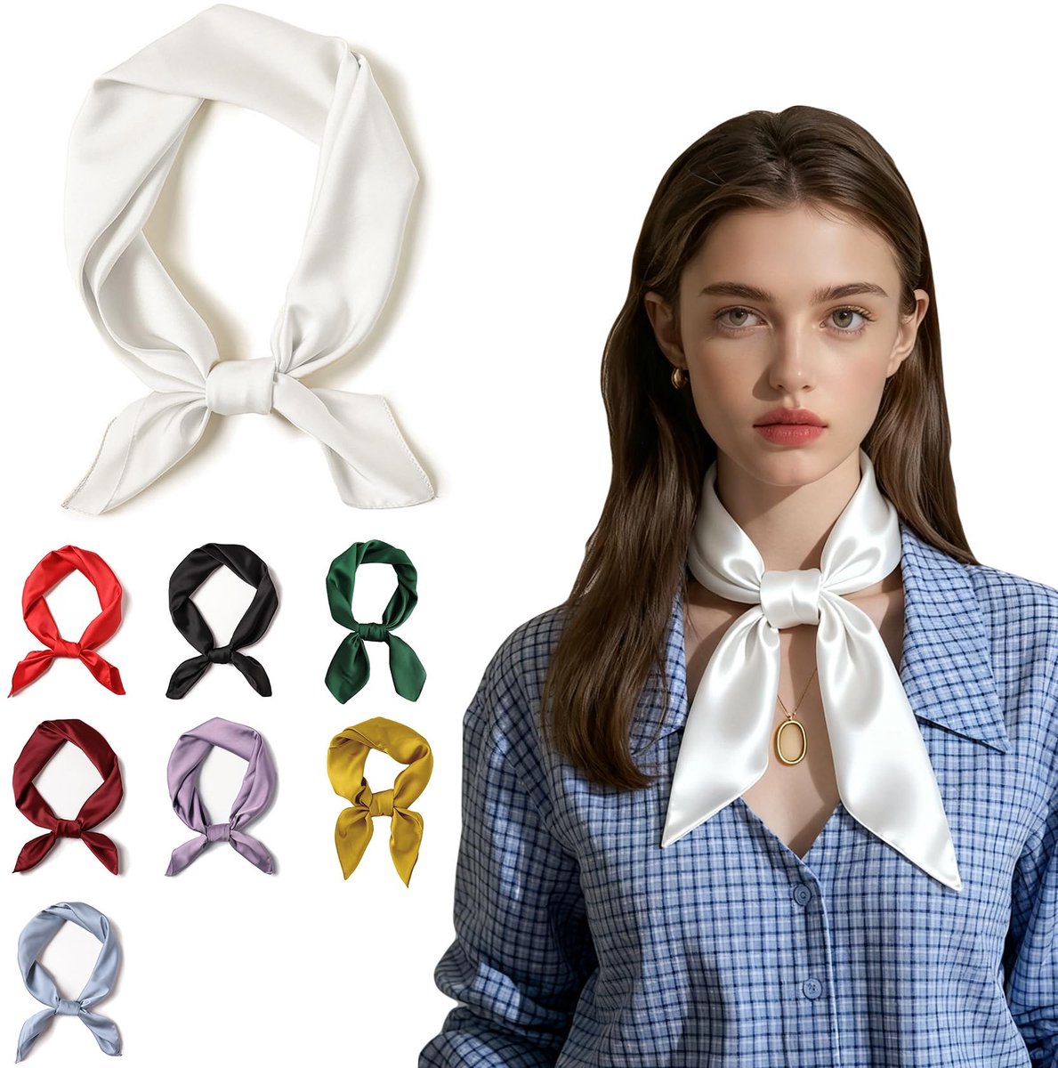 Sjaal voor dames, zijden sjaals voor dames, hijab omslagdoek, zijden vierkant, 70 x 70 cm, elegant satijnen haaraccessoire (wit), Wit, blanc