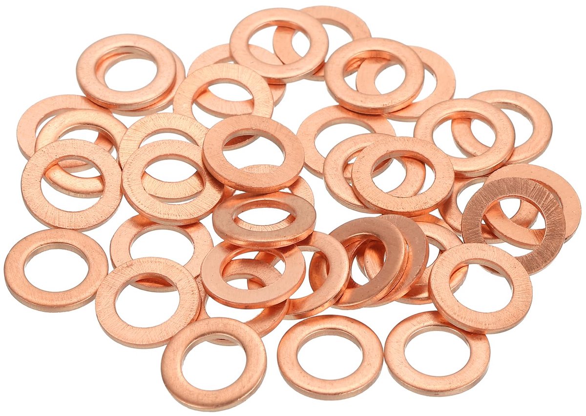 58 stuks platte schijf, M6, koperen afdichtringen, knijpschijven, set, assortiment, 6 mm binnendiameter 10 mm, buitendiameter 1 mm dik, voor schroeven, machinereparatie
