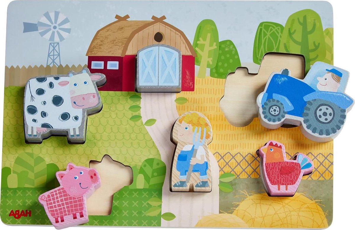 Houten Puzzel Boerderij - Vormen Puzzel - Motoriek Stimuleren - Grote Delen - 21 x 30 cm - Kleurrijk