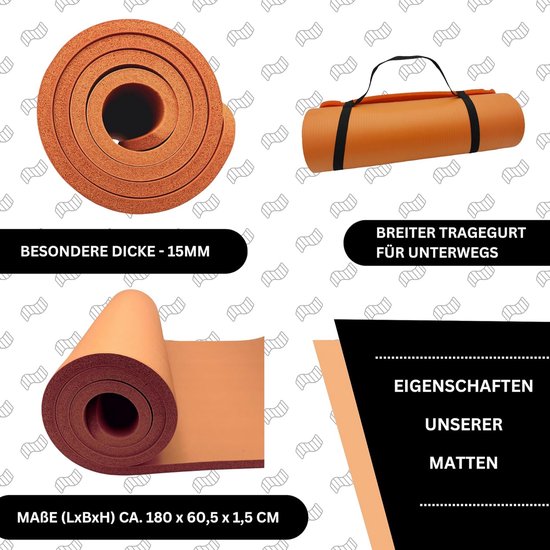 Deluxe yogamat - Gevoerde gymnastiekmat - Comfortabel sporten - Extra dik 15mm - 180 x 60 cm - Oranje van deluxe — afbeelding 5